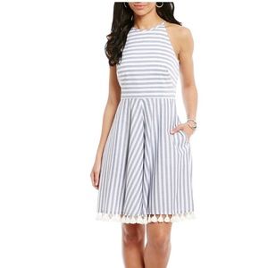 Eliza J Cotton Tassel Trim Stripe Halter Dress